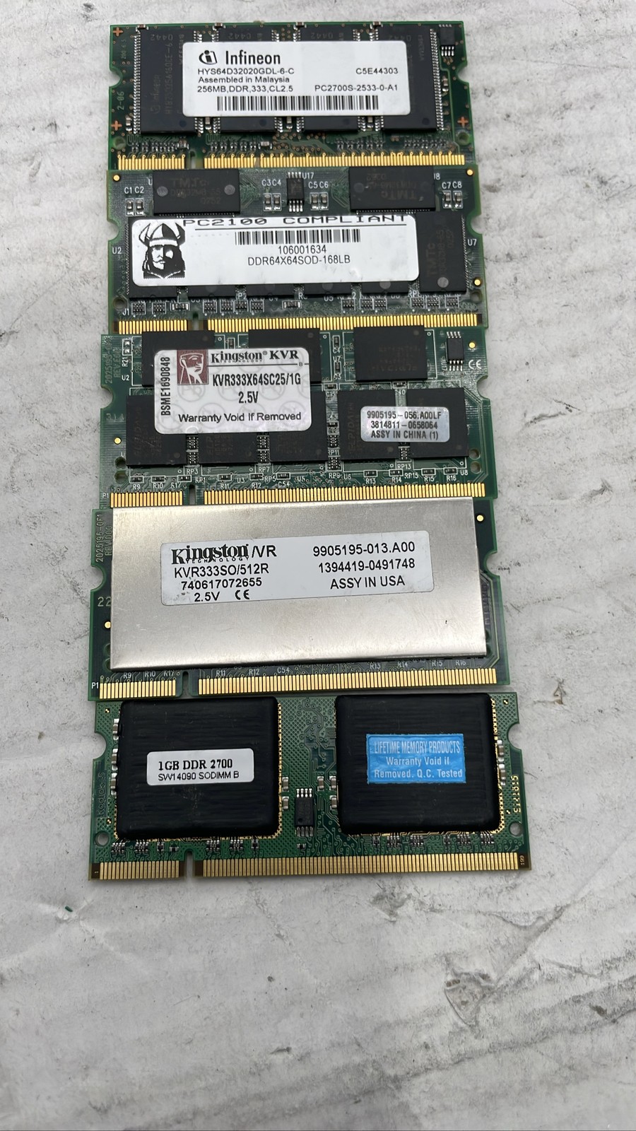 Kingston KVR333X64SC25/1G 1GB DDR PC-2700 SO-DIMM Laptop Memory Ram Lot of 5