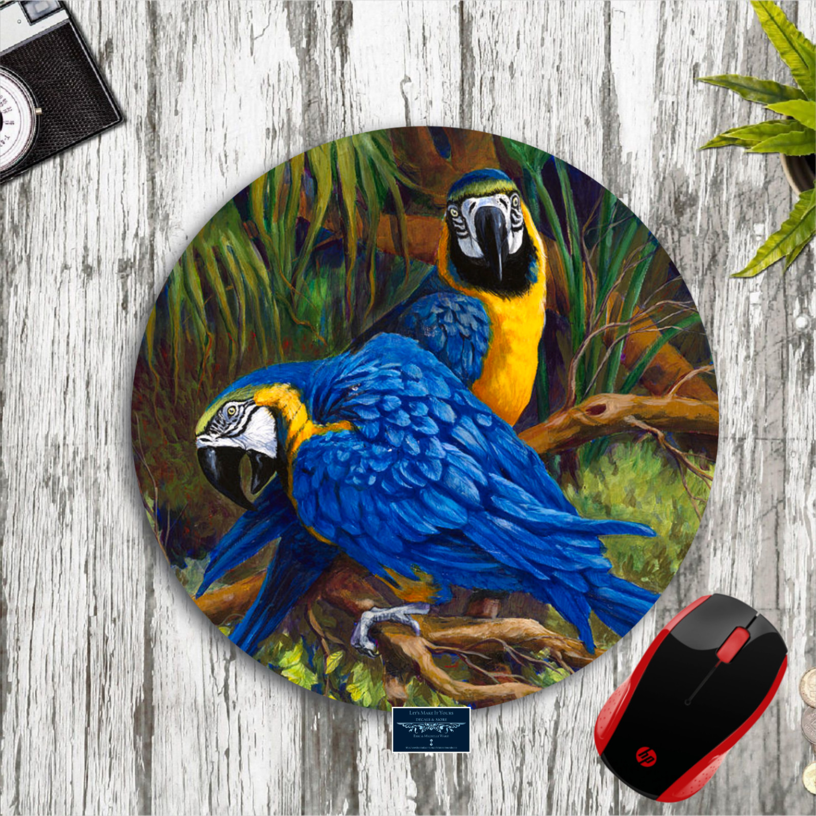 BLUE GOLD MACAW TROPICAL PARROT ROUND MOUSE PAD DESK MAT HOME SCHOOL OFFICE GIFT