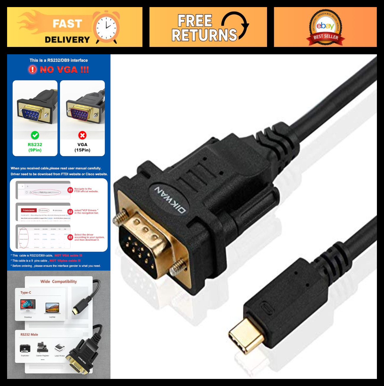 10ft USB-C to RS232 DB9 Serial Adapter Cable with FTDI Chip for Windows & Mac