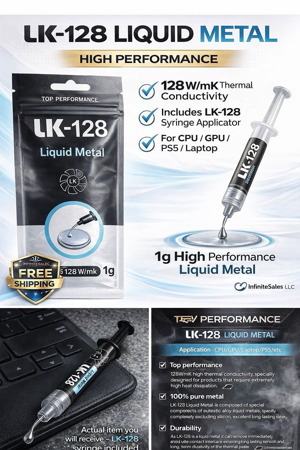 LK-128 Liquid Metal Thermal Paste 128W/mK CPU GPU PS5 High Performance 1g 