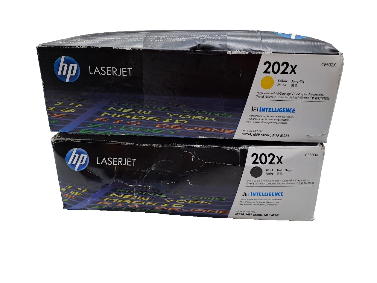 Lot of 2 HP 202X High Yield Toner Cartridge Y/ CF502X B/ CF500X