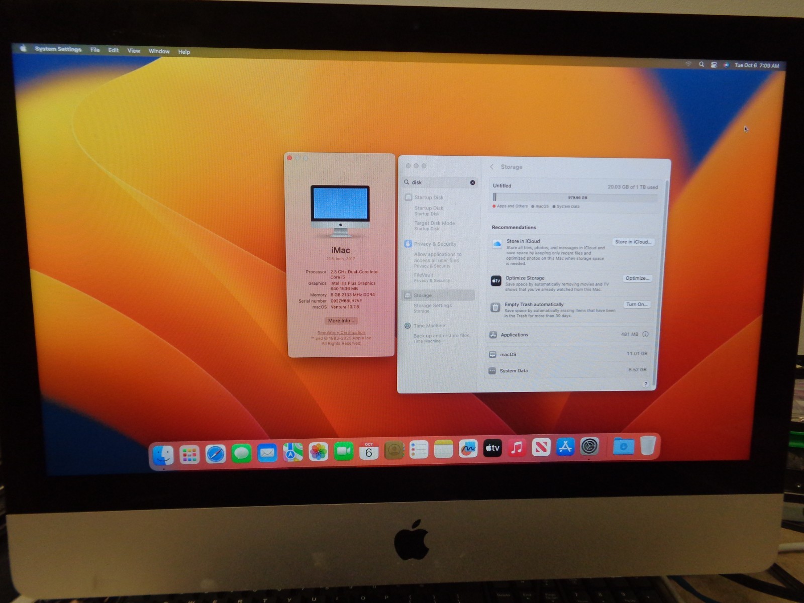2017 Apple iMac 21.5" i5 2.3GHz 8GB RAM 1TB HDD Silver A1418 Ventura iris+ 640