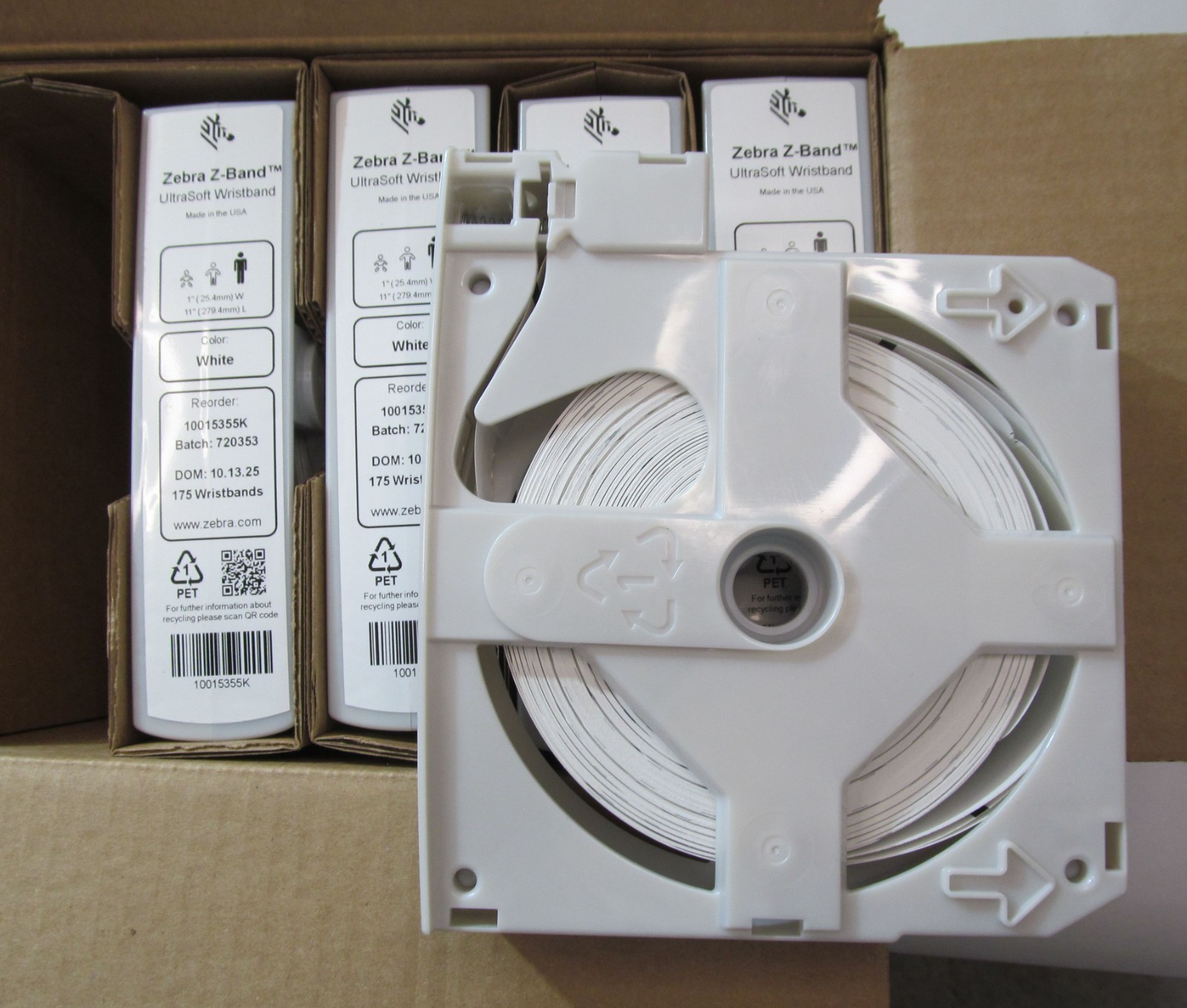 5-PACK ZEBRA 10015355K Z-BAND ULTRASOFT WRISTBAND CARTRIDGE REELS WHITE 1" x 11"