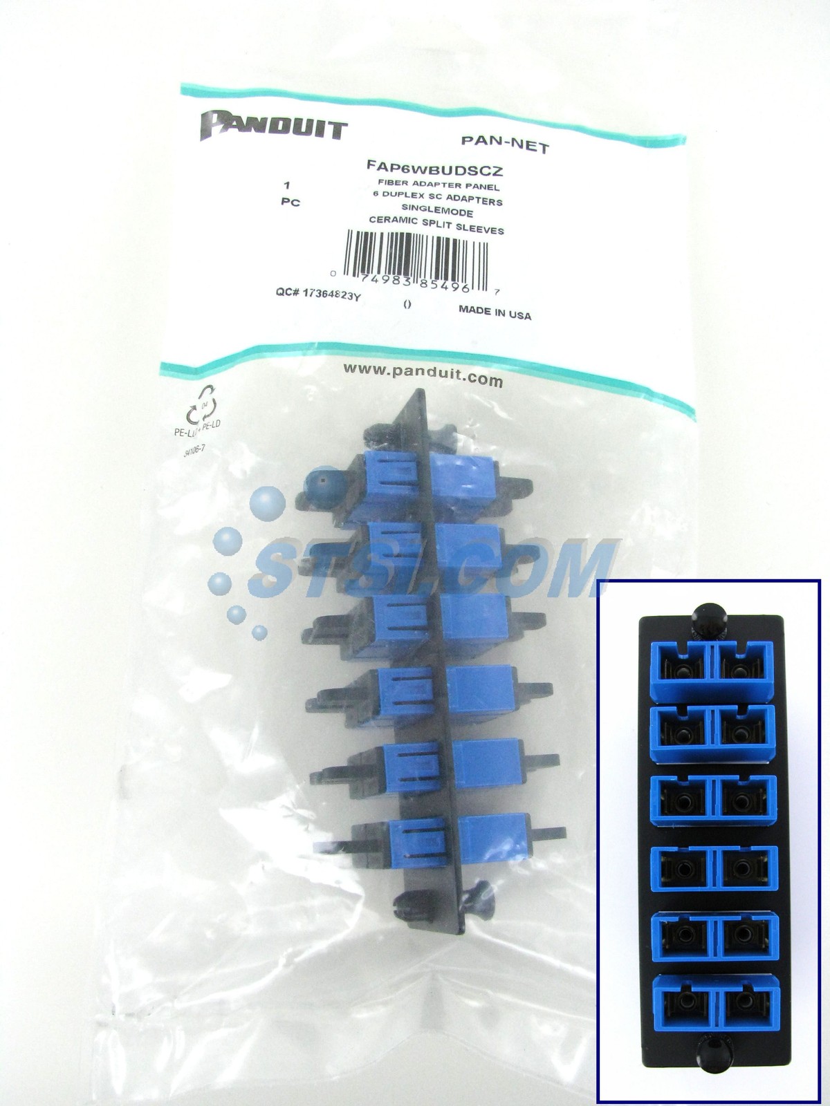 Panduit FAP6WBUDSCZ Fiber Panel w/6 SC Duplex SM MM Adapters Blue ~STSI