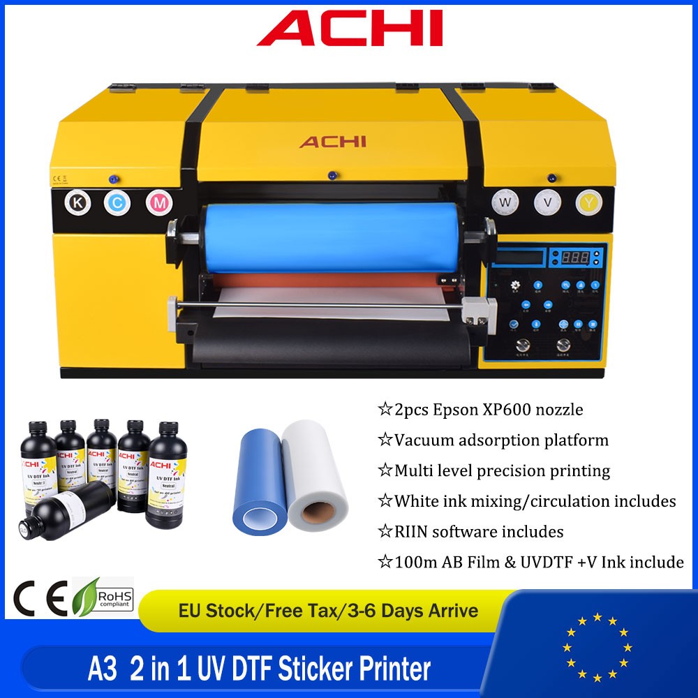 EU ACHI A3 2 in 1 UV DTF Printer Laminate Sticker Printer Varnish Transfer Print