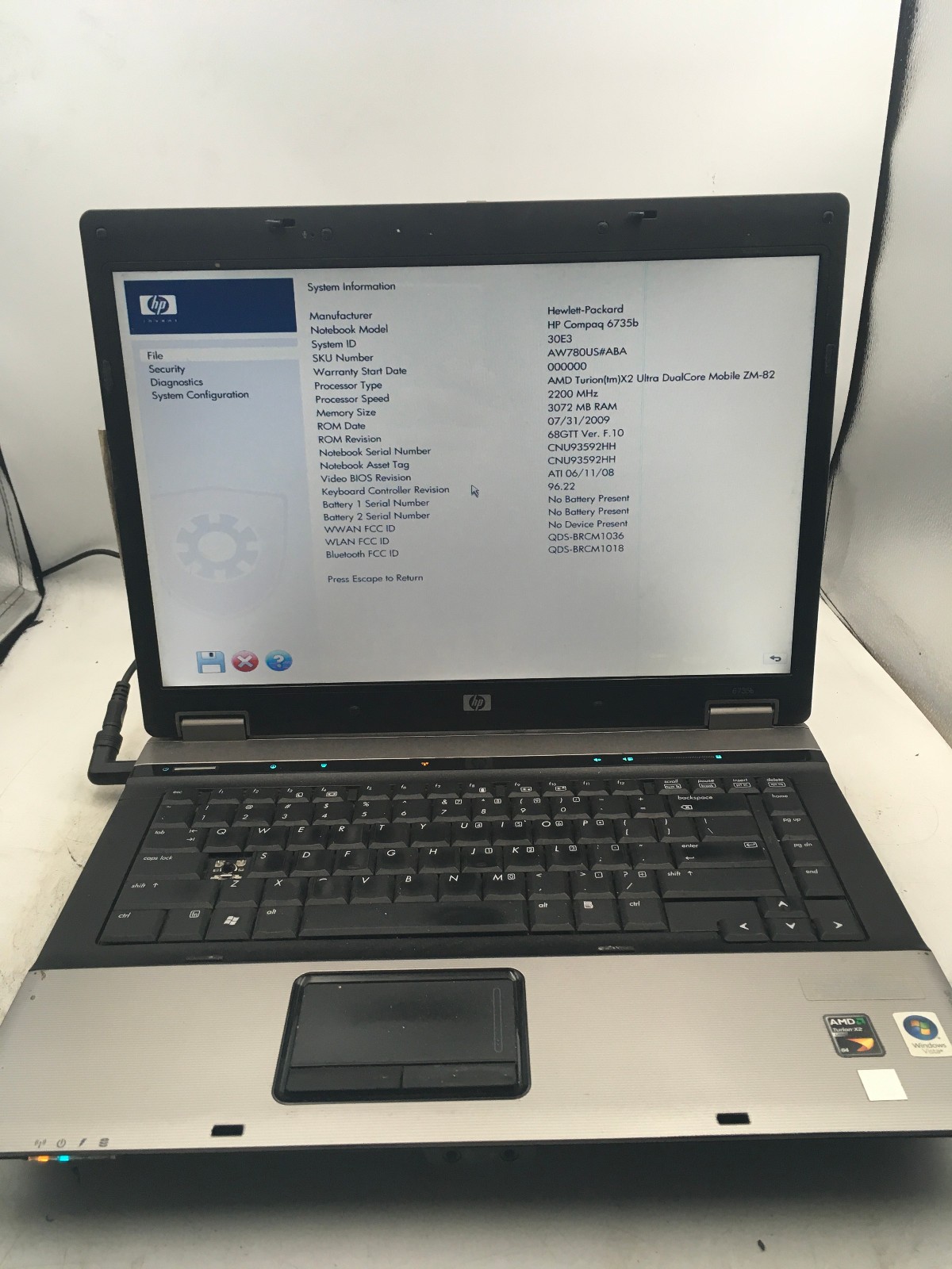 HP COMPAQ 6735B - BOOTS TO BIOS - AMD TURION X2 - 3GB RAM - 15" - READ DESC - BB