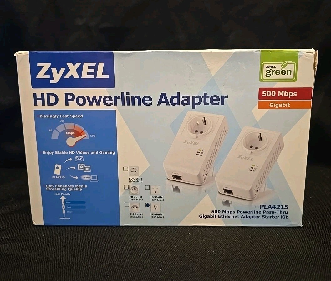 ZyXel HD Powerline Pass-Thru Ethernet Network LAN Adapters Pair PLA4215 500 Mbps