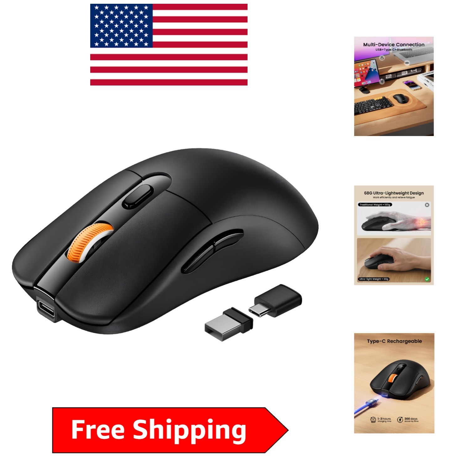 Versatile EM15 Wireless Mouse - Bluetooth & USB C Compatibility for All Devices