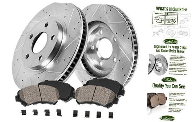 Front Brake Kit with Drilled and Slotted Brake Rotors and Ceramic Brake Pads