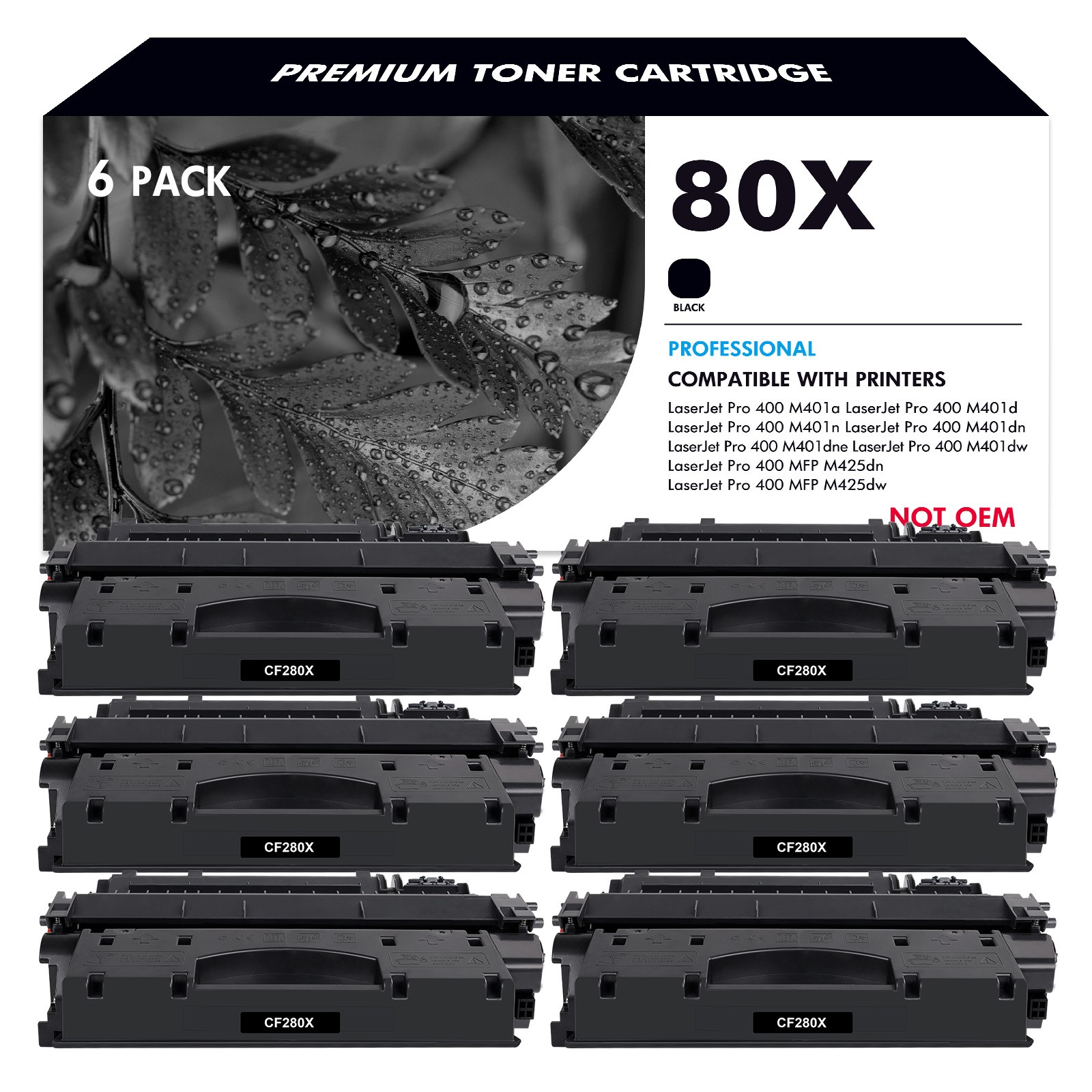 6 Pack CF280X High Yield BK Toner For HP LaserJet Pro 400 M401a M401dw M401dne