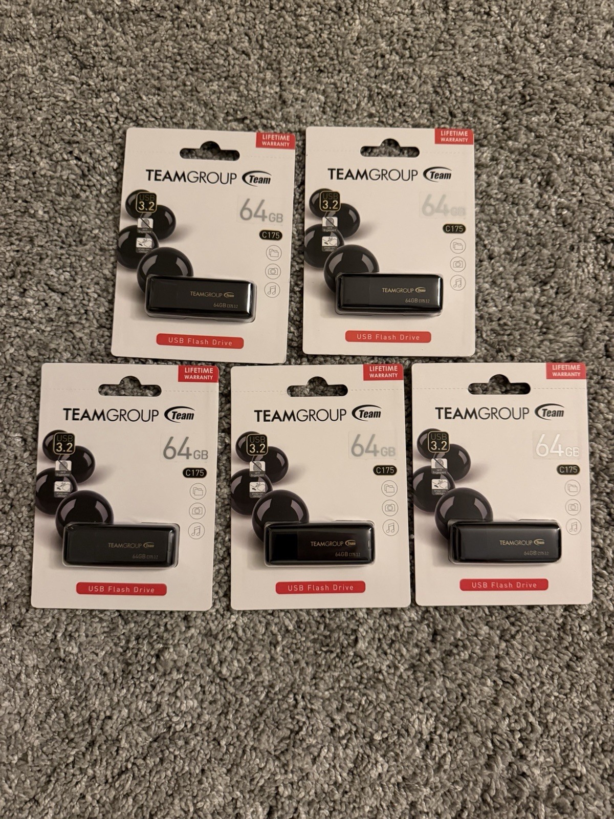 Team Group C175 64GB USB Flash Drive, Thumb drive (Lot of 5) Brand New Sealed