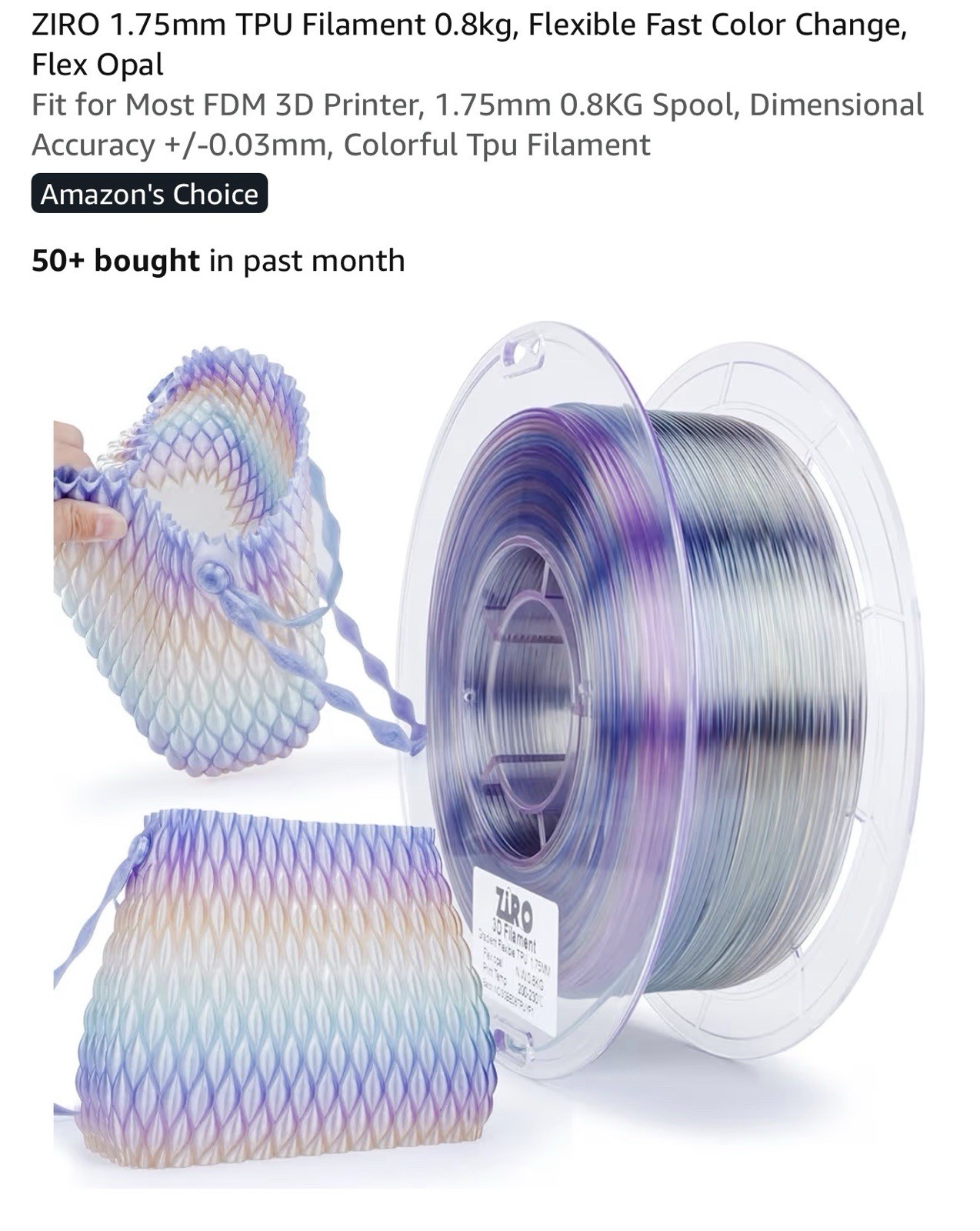 Ziro 3D Rainbow/Gradient Flexible  1.75mm 0.8kg, Dimensional Accuracy +/- 0.03mm