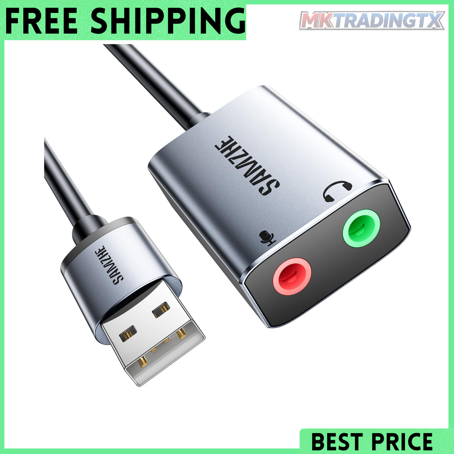 USB to Audio Jack Sound Card Adapter with Dual TRS 3-Pole 3.5Mm Headphone and Mi