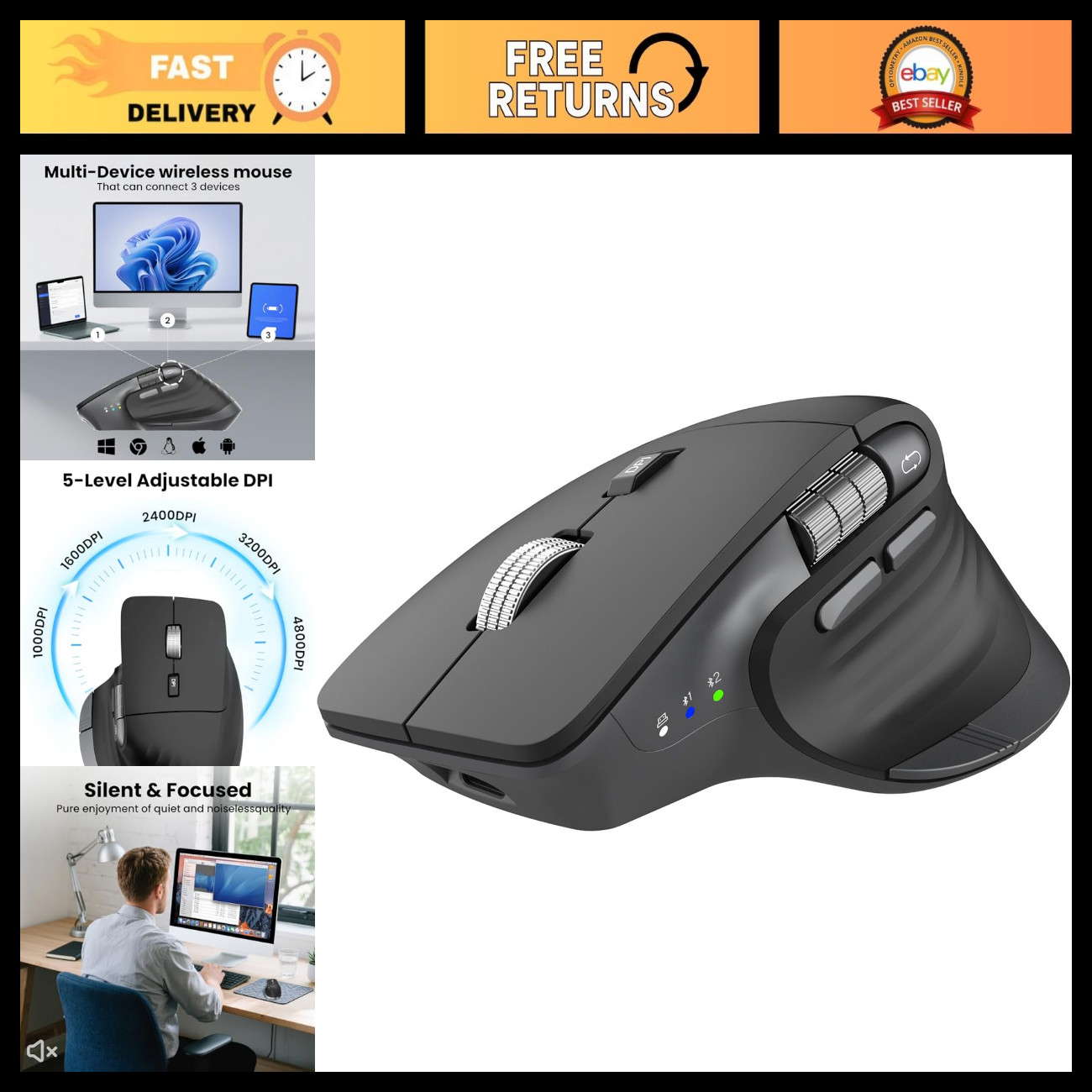 Ergonomic Wireless Bluetooth Mouse, Rechargeable, Multi-Device, Silent Click, 48