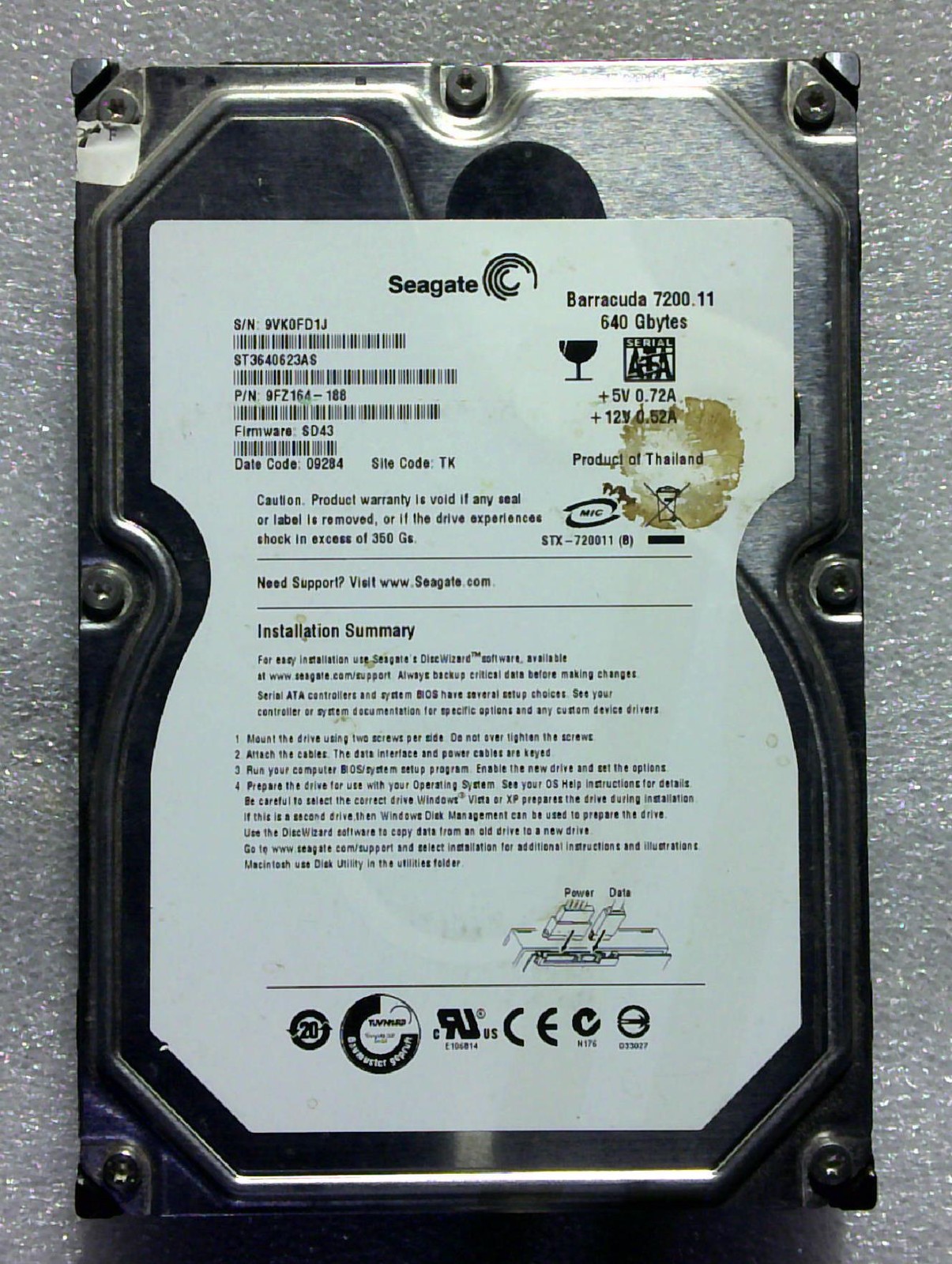 Seagate F3 - ST3640623AS - 640GB - 9FZ164-188 - 72 41 - SN: 9VK0FD1J