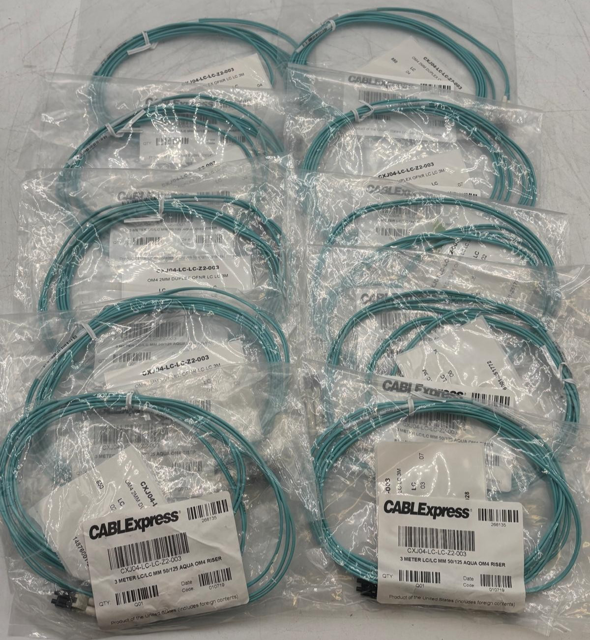 Lot of 10 CABLExpress CXJ04-LC-LC-Z2-003 3M LC/LC MM 50/125 AQUA OM4 RISER CABLE