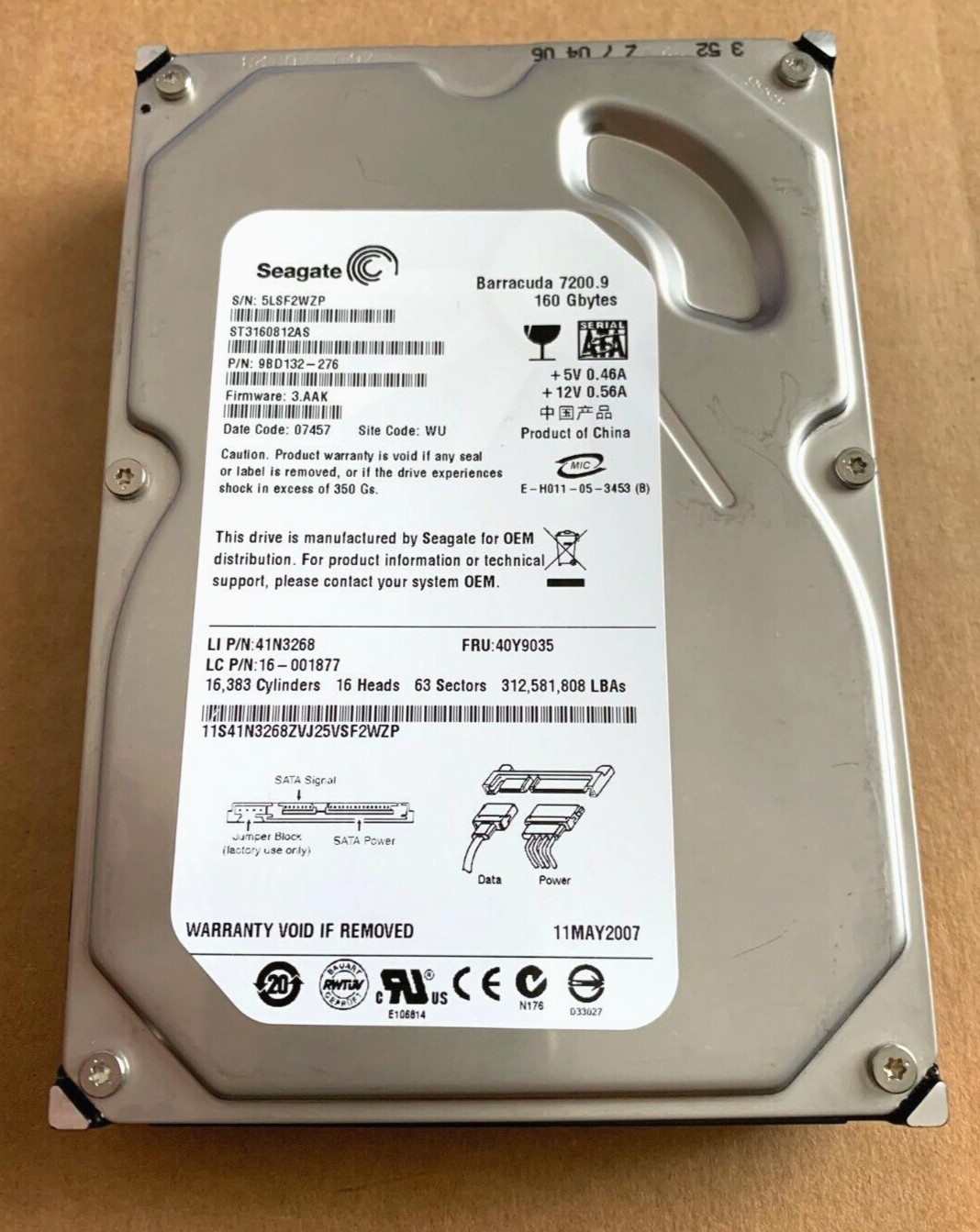 IBM LENOVO 160GB ST160812AS SATA 3.5" Hard Disk Drives 41N3268 40Y9035 16-001877