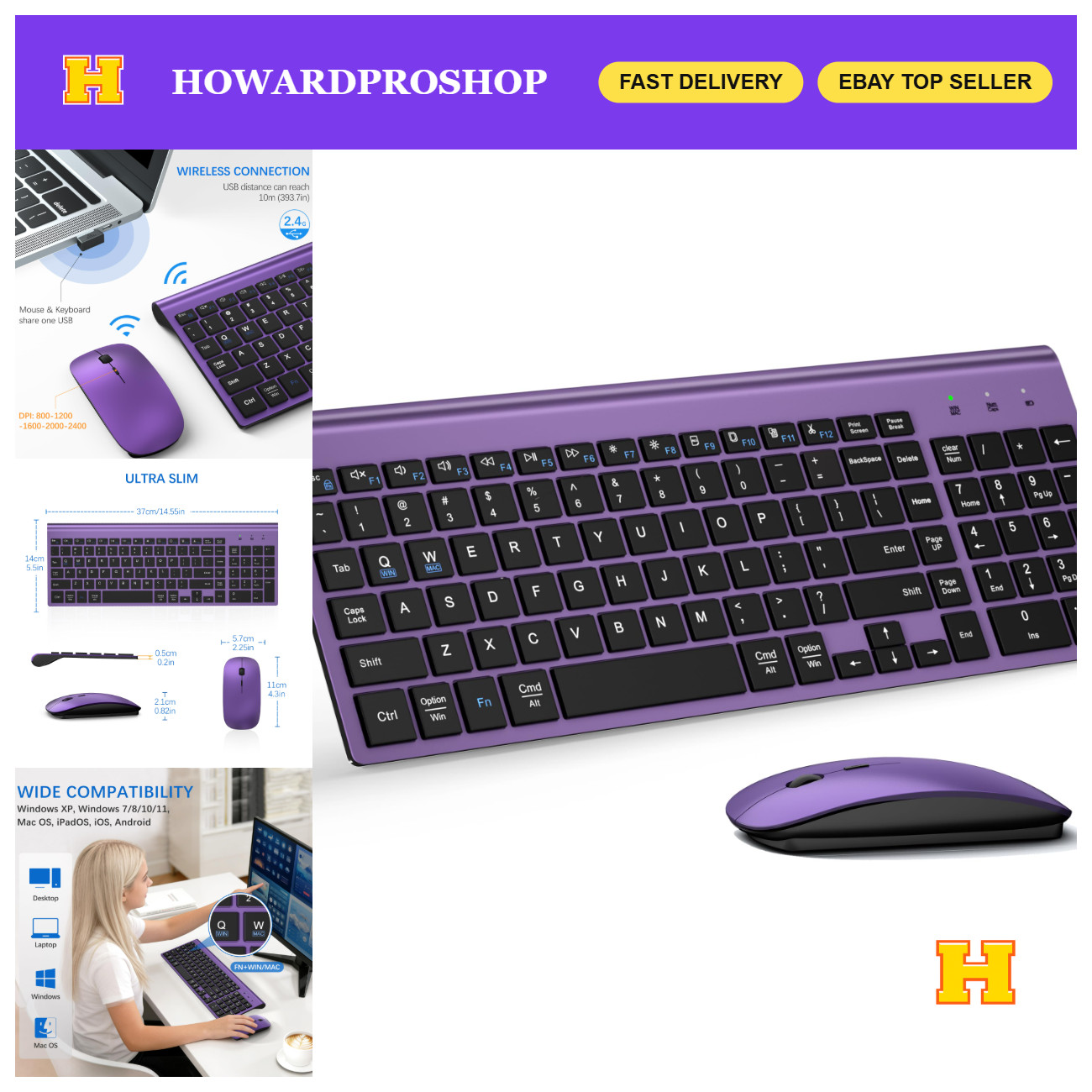Ultra Slim Wireless Keyboard & Mouse Combo - Dual System, Purple & Black