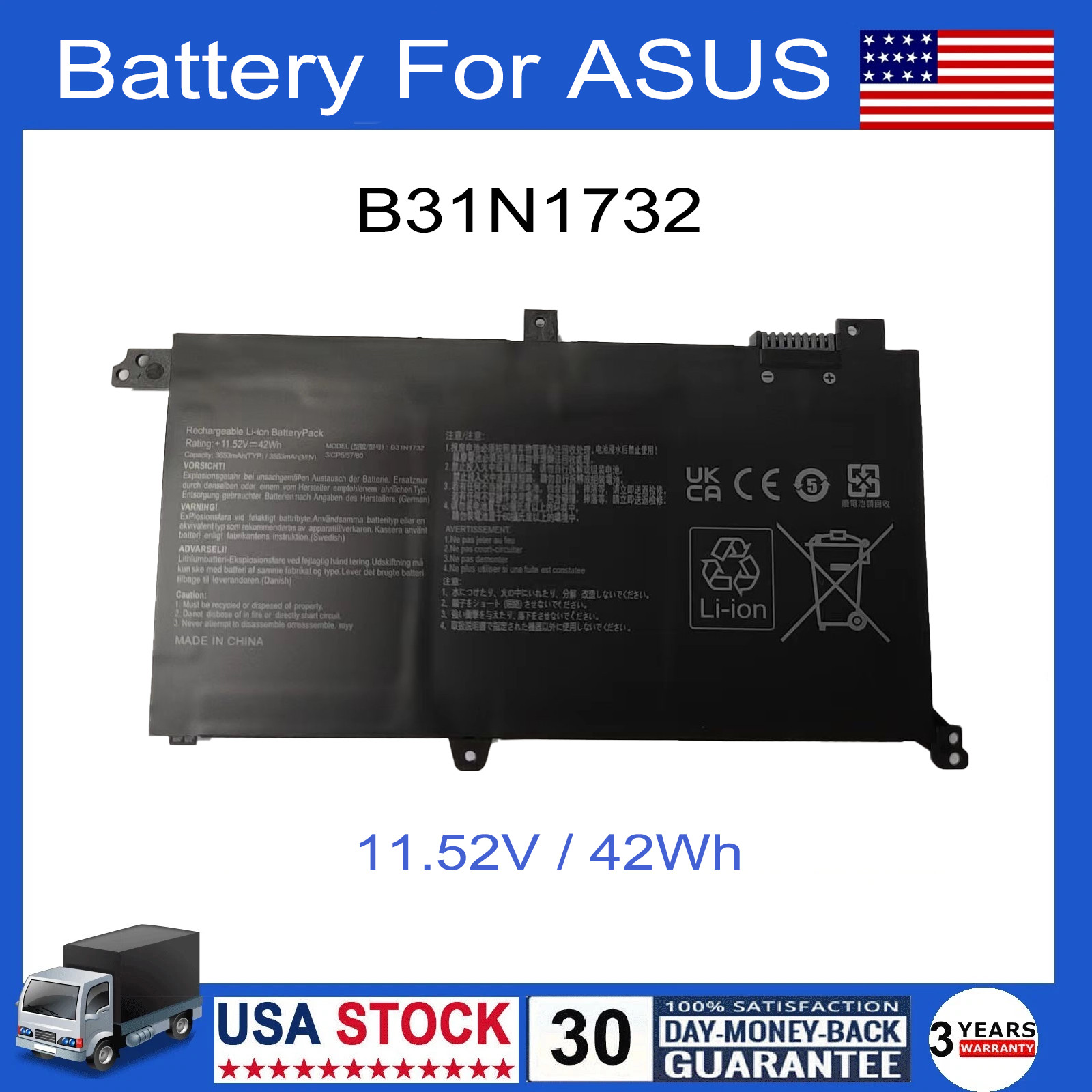 New B31N1732 Battery for Asus VivoBook S14 S430FA S430FN VX60G X430UF 42Wh