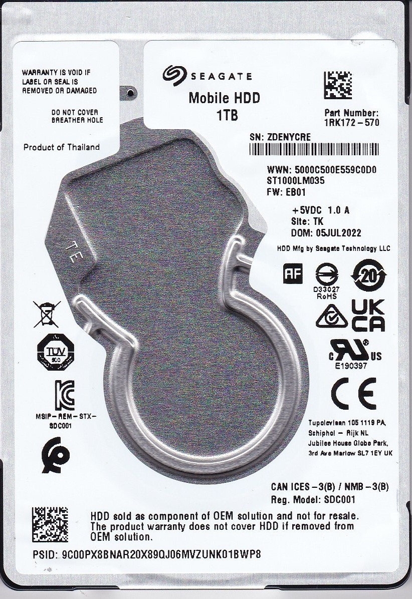 ST1000LM035 p/n: 1RK172-570 f/w: EB01 s/n: ZDE TK 2022 1TB SATA 2.5" SEAGATE