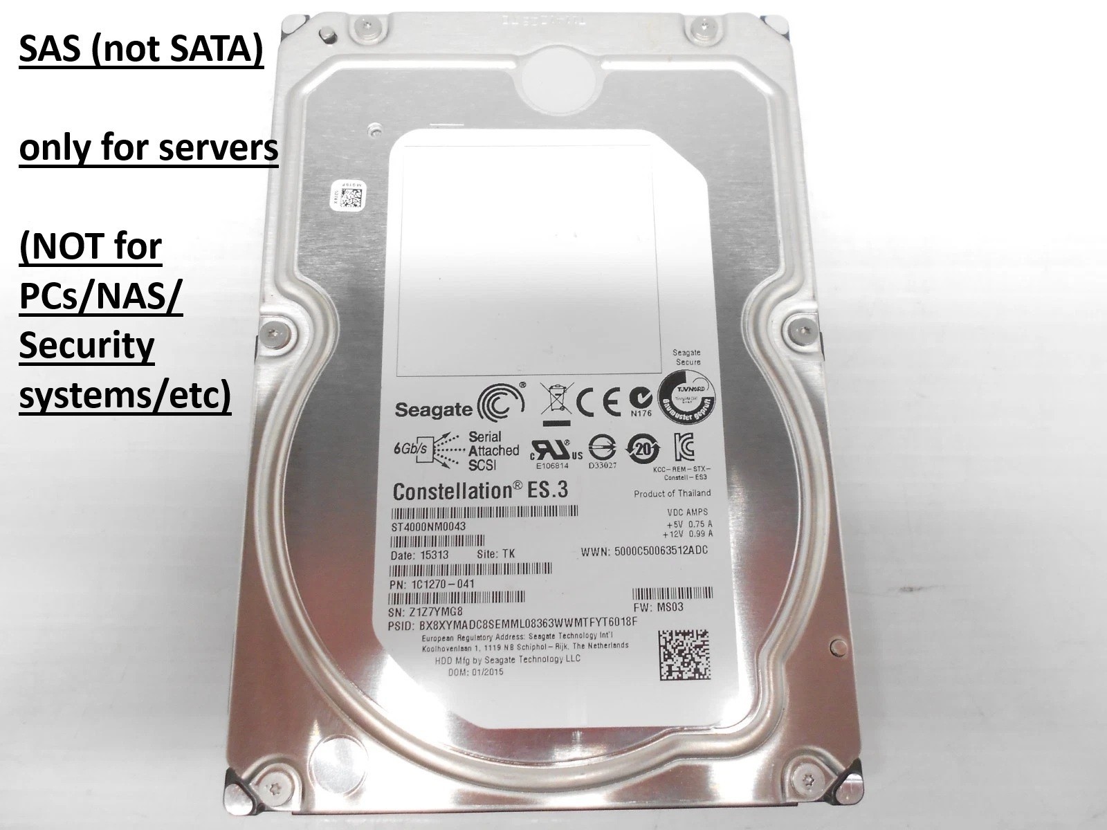 Seagate 4TB SAS Server 6G Storage JBOD Hard Drive 3.5'' ST4000NM0043 Dell HP