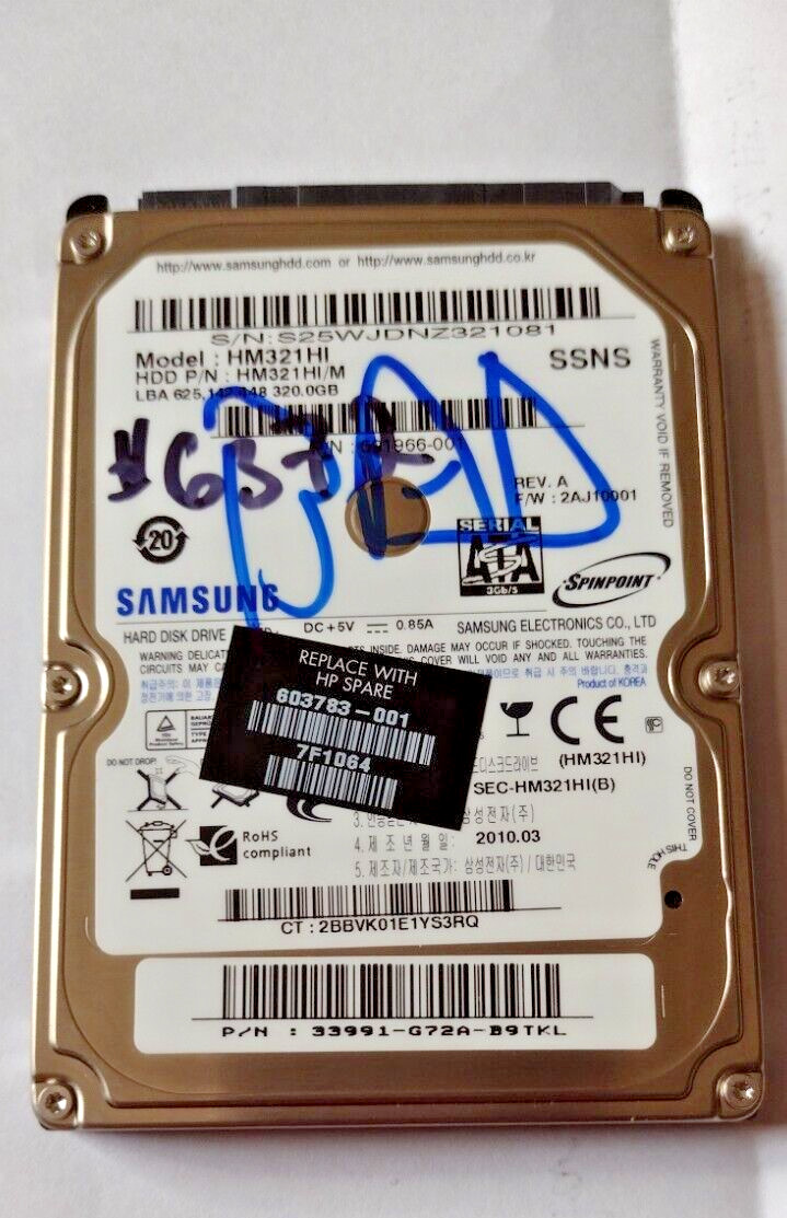 SAMSUNG HM 321HI HARD DISH DRIVE 320 GB P/N: 603783-001 FOR PARTS ONLY