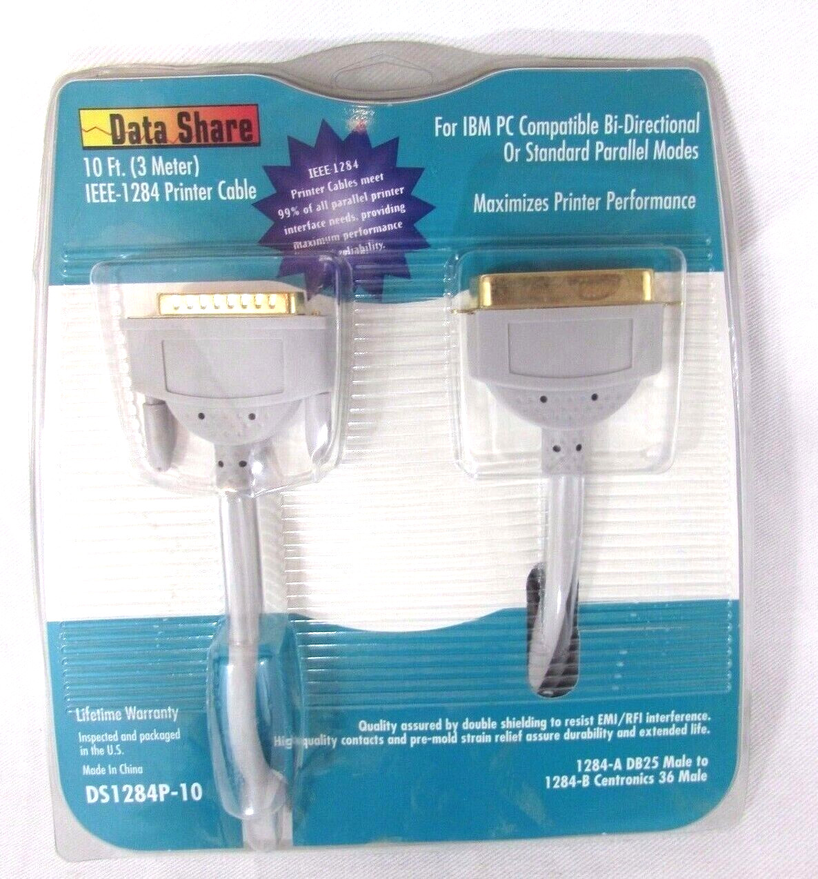 Data Share 10 ft 1EEE-1284 Printer Cable 1284A DB25 Male to 1284B 36 Male NIP