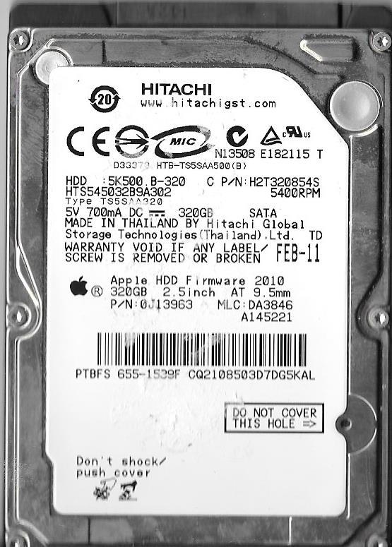 HITACHI HTS545032B9A302 320GB SATA HARD DRIVE P/N: 0J13963  MLC: DA3846