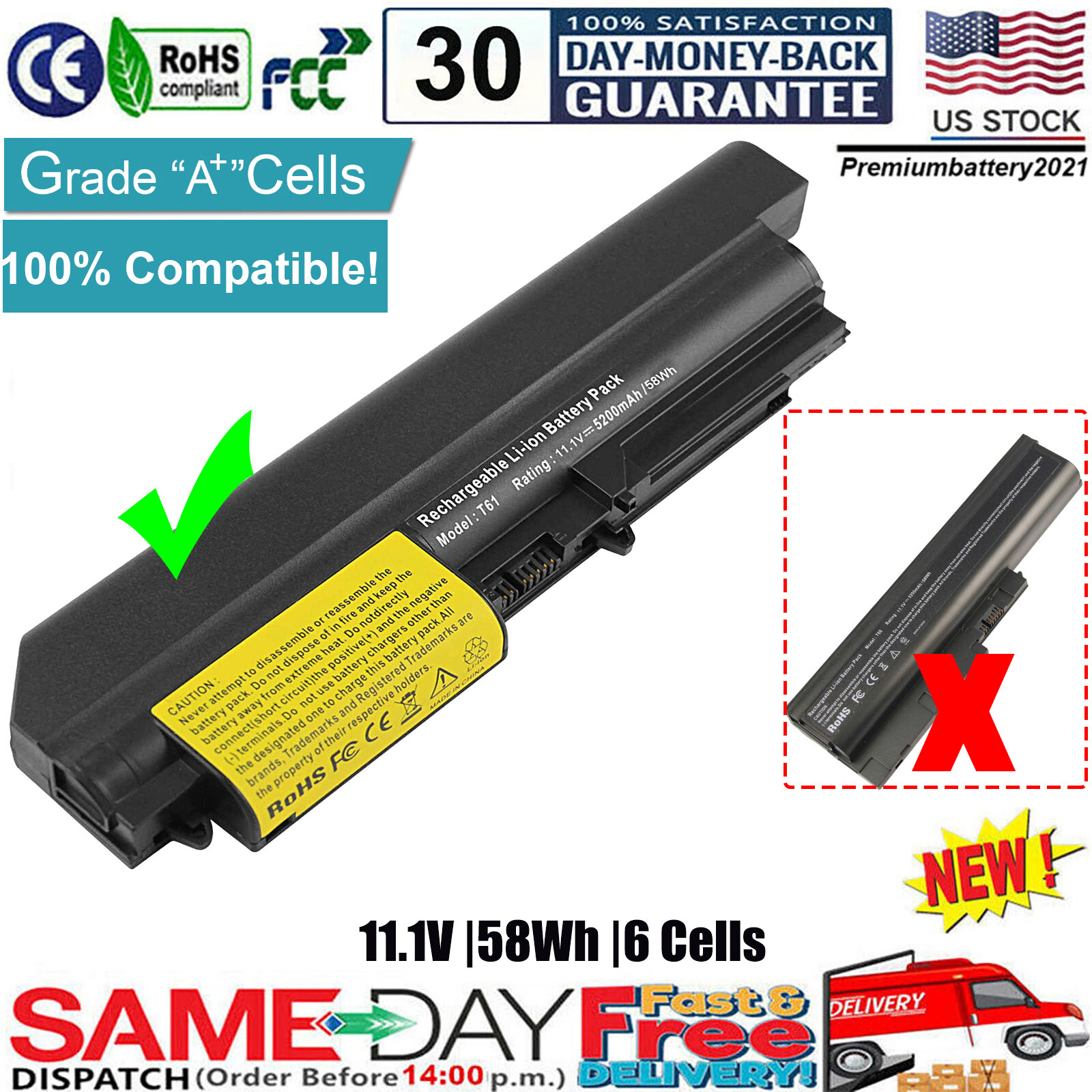 ✅Laptop Battery for 42T5263 IBM ThinkPad T400 T61 T61u T61p (14.1 widescreen)