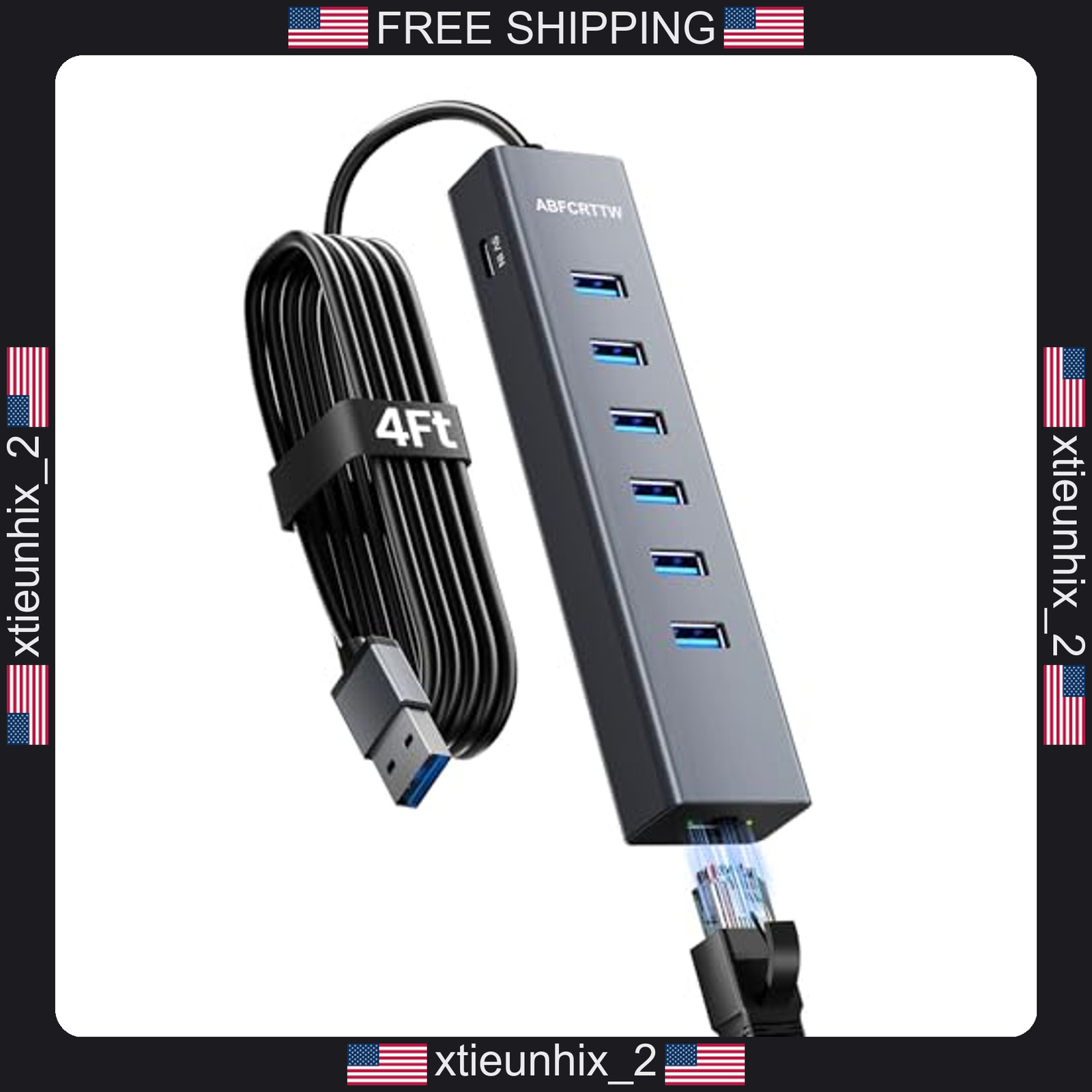 USB Hub with Ethernet 4Ft Cable 7 Ports and 1Gbps Network Speed