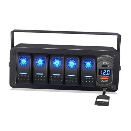 5-Gang Rocker Switch Box - 12V SPST ON/Off, PD Type C & QC 3.0 USB 5 Gang