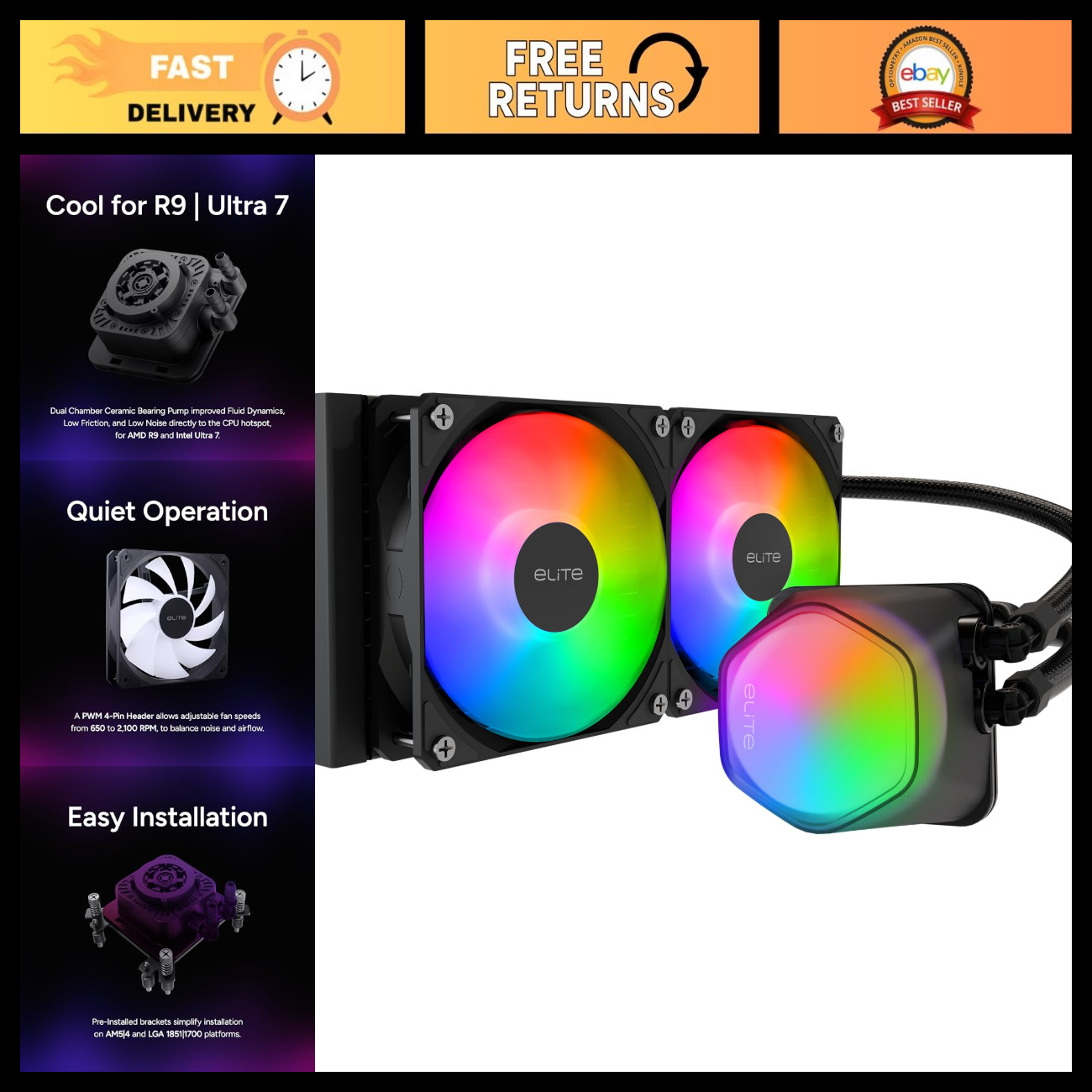 240mm AIO Liquid CPU Cooler with ARGB Lighting, High Performance, Quiet Operatio