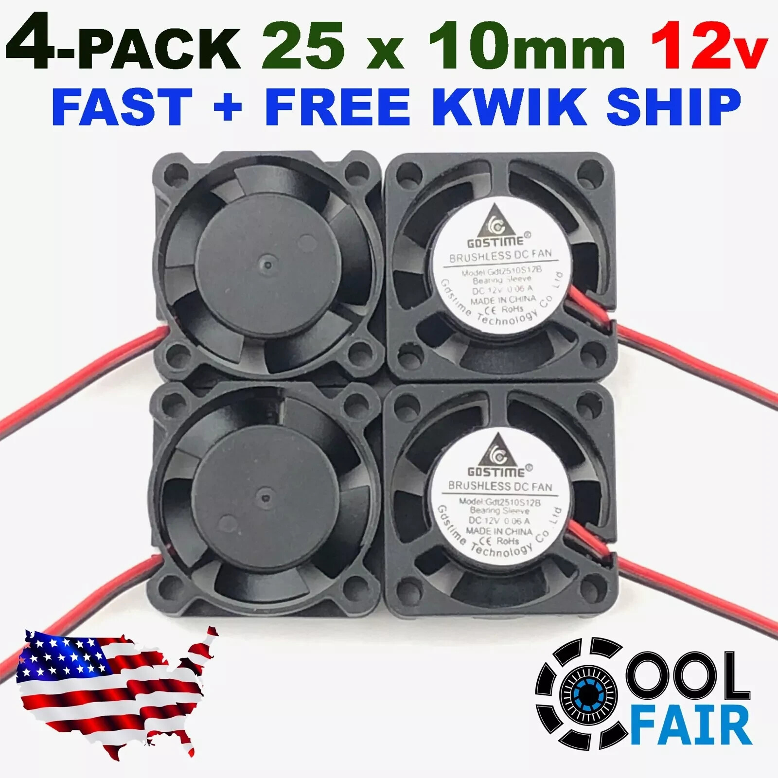 4 Pieces  Gdstime 12v 25mm Cooling Fan 2510 DC 25x25x10mm Brushless 2pin Mini C7