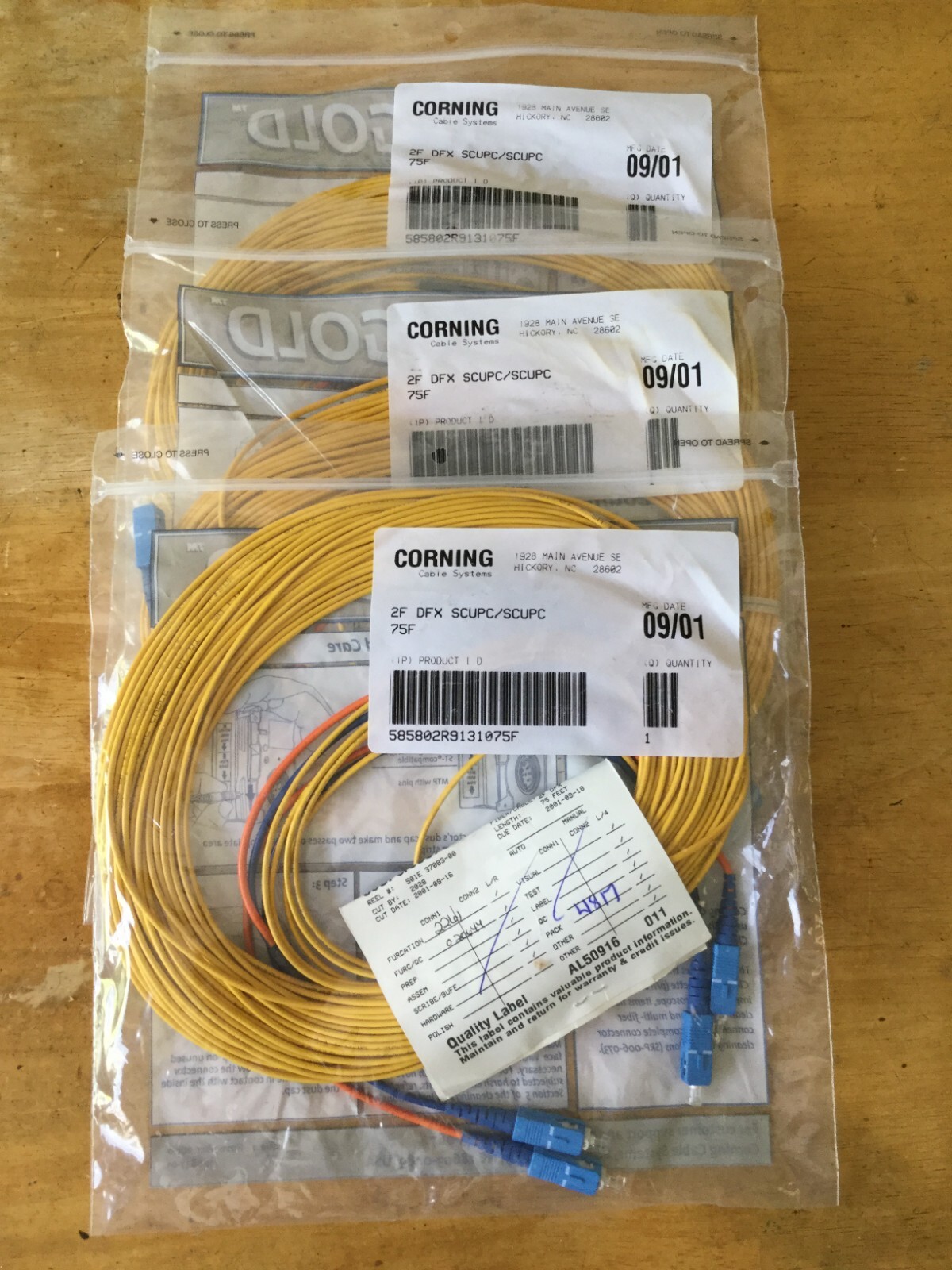 3 - Corning Fiber Optic Patch Cord Jumper Cable 2F DFX SC/SC (SCUPS) - 75 FT