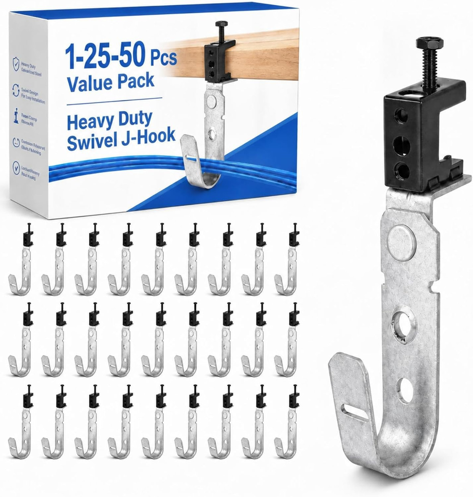25 Pcs Cable Support J Hook with Beam Clam Swivel Heavy Duty Metal Hangers for J