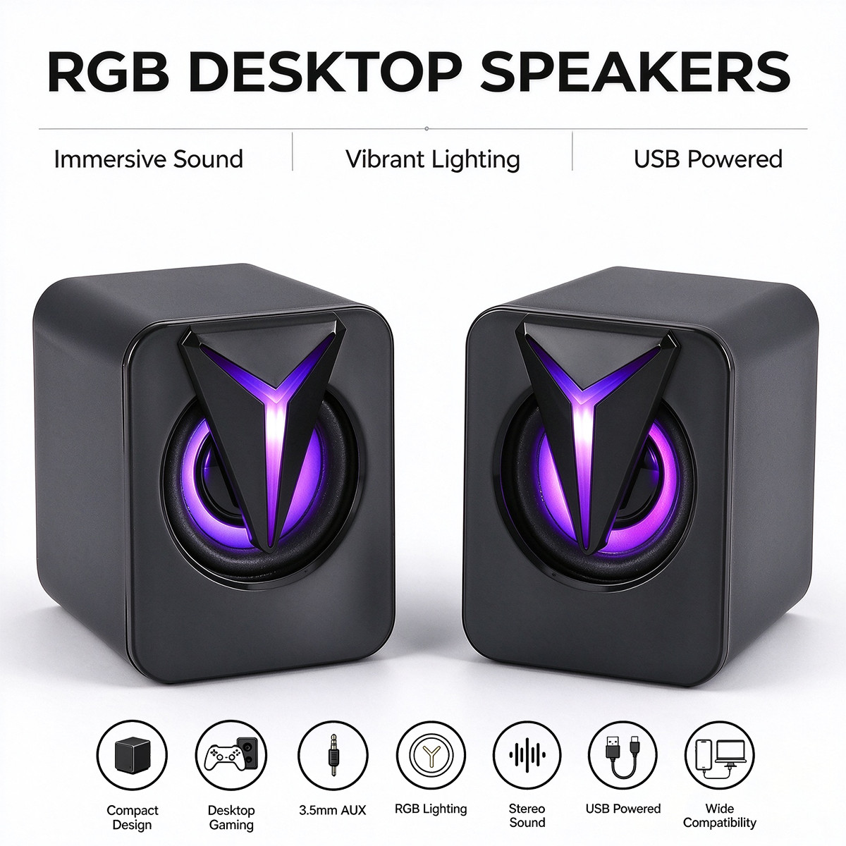 Mini USB Computer Speakers, RGB 3.5mm Wired, Volume Control, 3W Stereo Bass PC