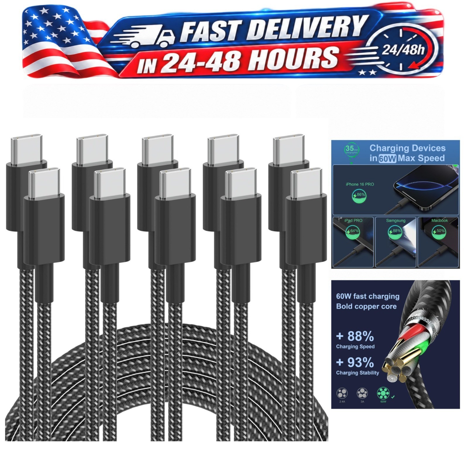 Plnhixt USB C to USB C Cable 5Pack 6FT 60W Nylon Braided Fast Charging