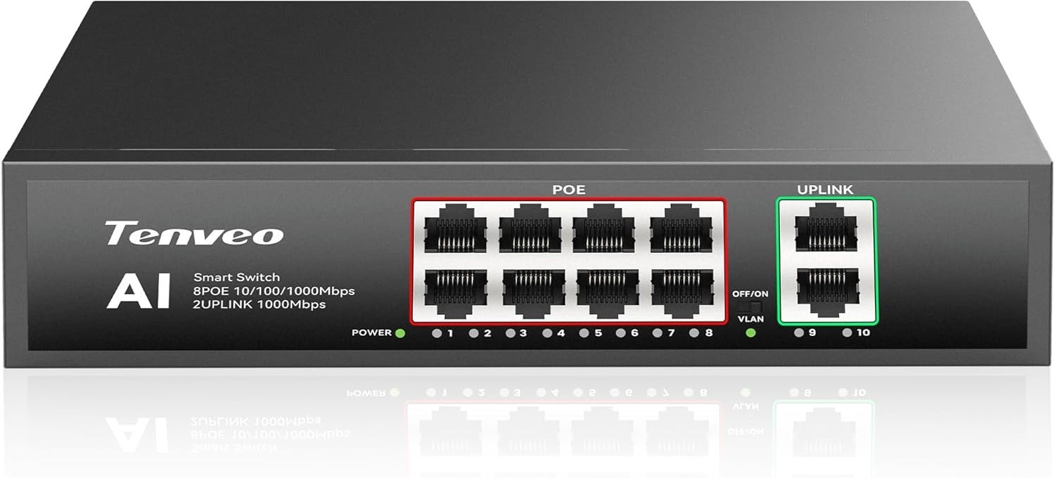 Tenveo 8 Port Full Gigabit PoE Switch PoE+ Ports @120W TEVO-PoE8 Streaming