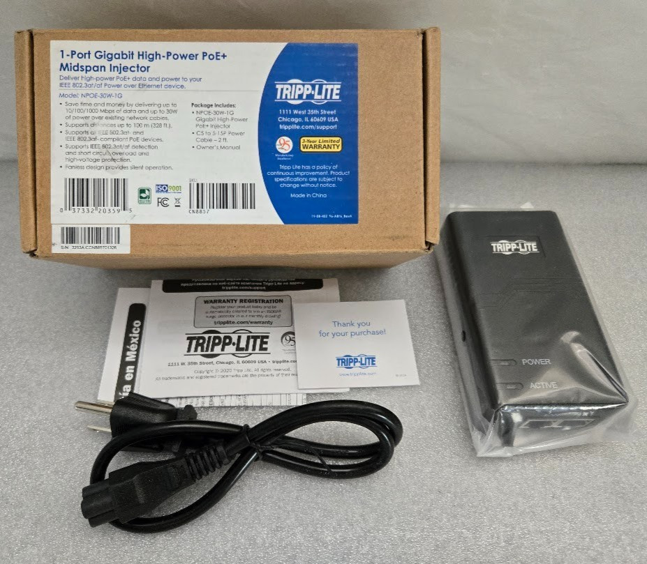 Tripp Lite #NPOE-30W-1G 1-Port Gigabit PoE Active Injector 30W US Plug