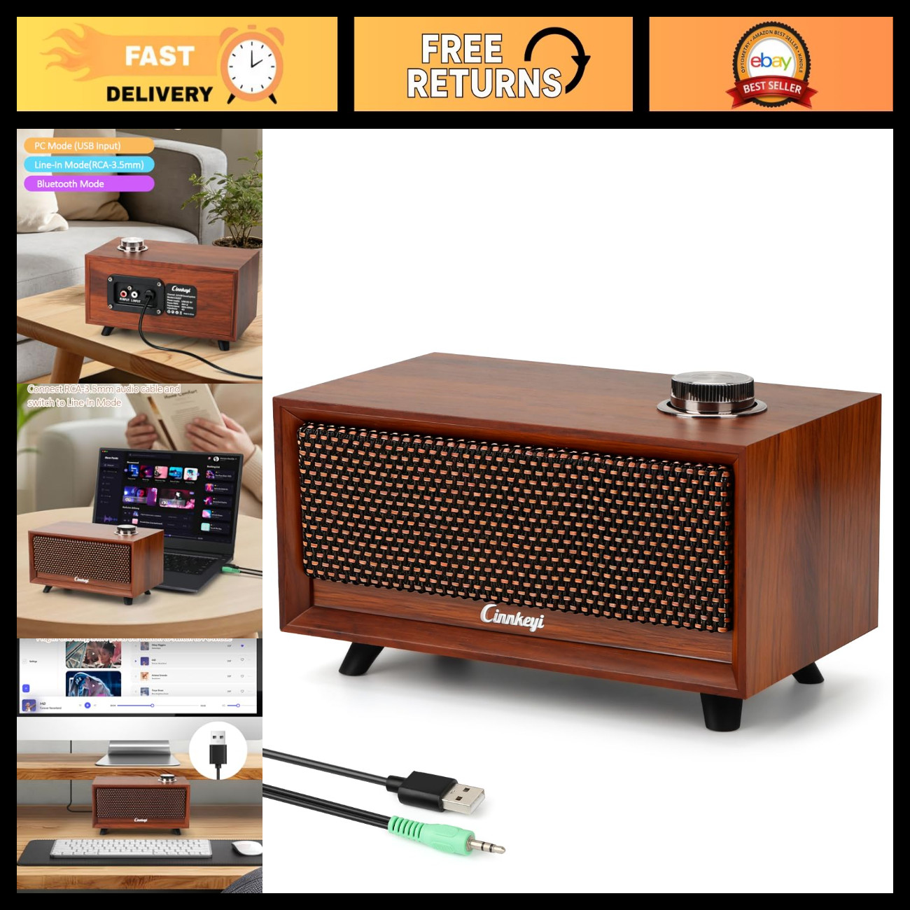 Compact Wooden Soundbar Speakers - USB Powered, Bluetooth, 3.5mm Input for PC, L