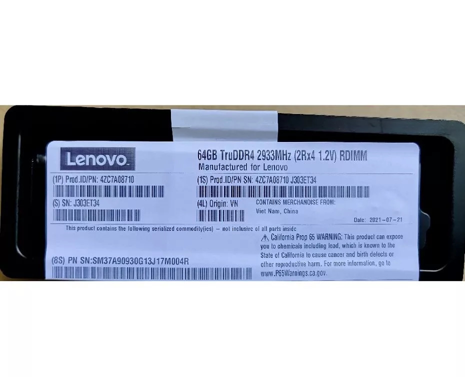 01KR356 4ZC7A08710 Lenovo/IBM 2RX4 64GB DDR4 PC4-2933Y RDIMM SR630 SR650 Memory