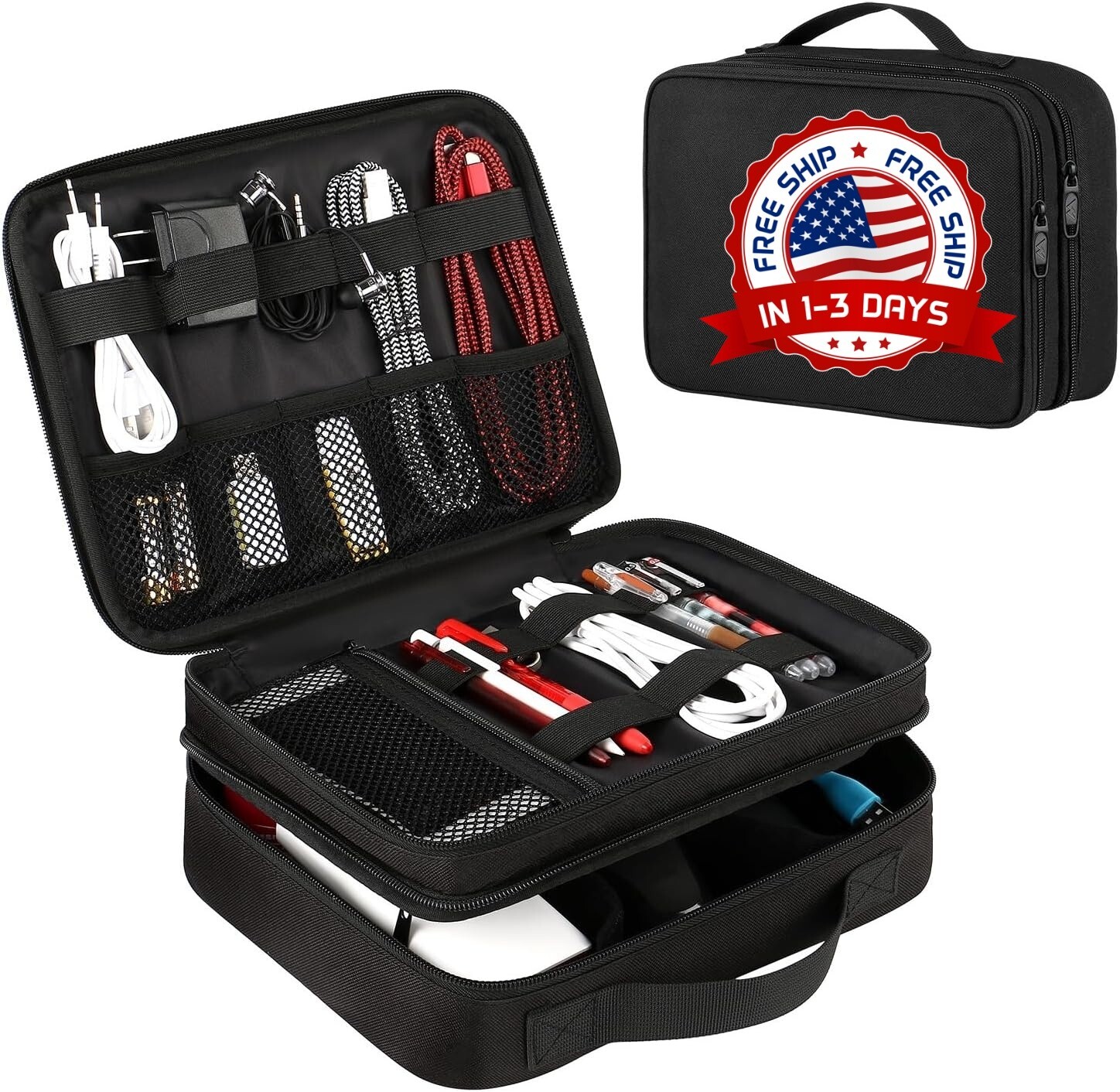 Estuche Bolso Organizador De Cables Audifonos Teléfono, Cable, Tableta Negro NEW