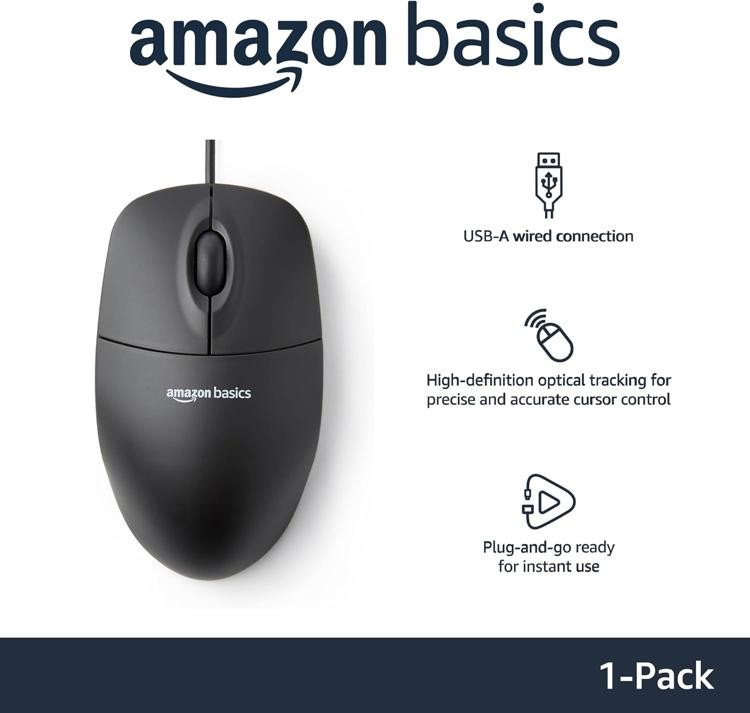 Amazon Basics Responsive and Precise 3-Button Wired USB Computer Mouse, Scroll