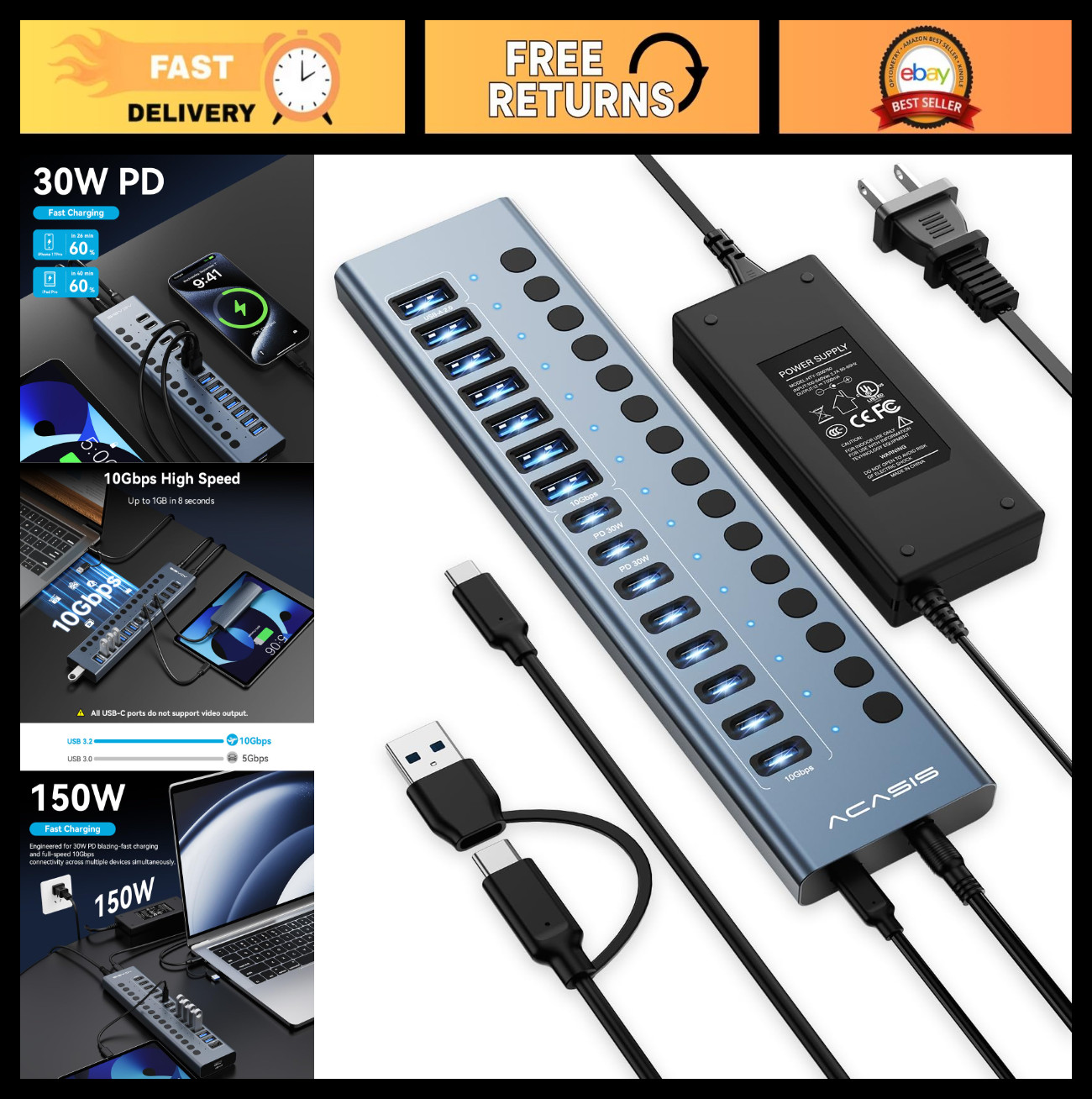 16-in-1 USB C Hub, 10Gbps Data Transfer, 6 USB-A, Dual PD 30W, Aluminum for PC/L