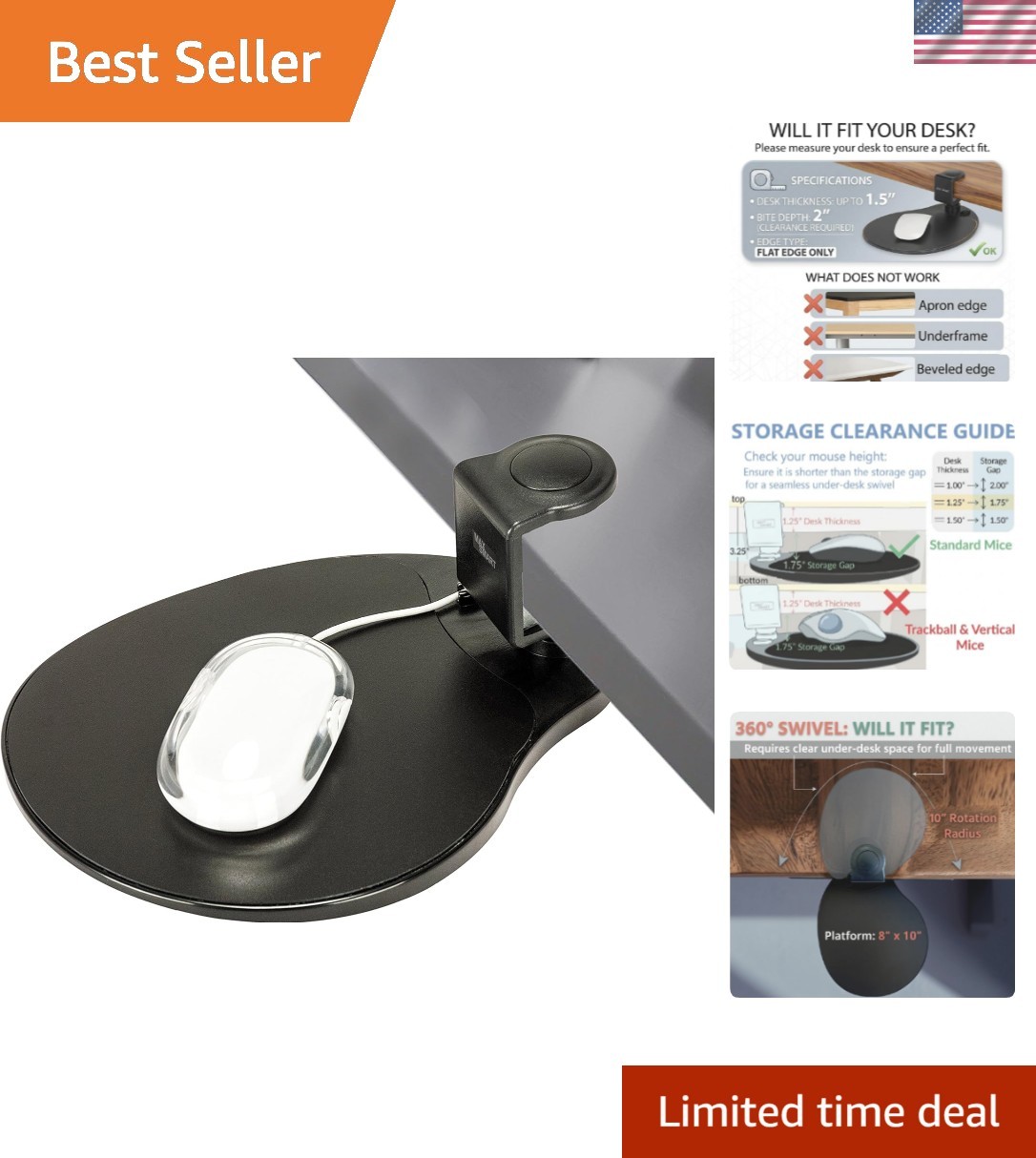 Universal Clamp-On Mouse Tray - Ergonomic, for Right & Left-Handed Users