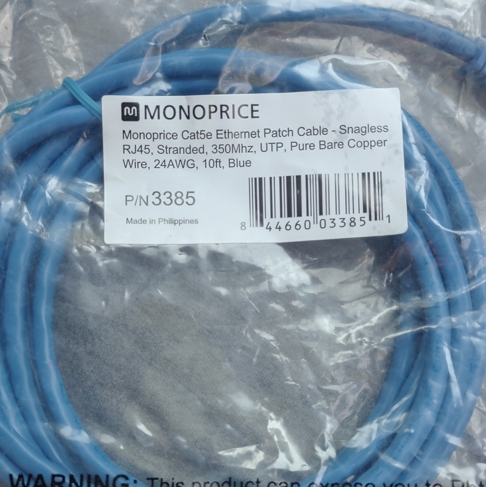 Monoprice Cat5e RJ45 Ethernet Patch Cable 10 ft Blue Round Cable MPN 3385