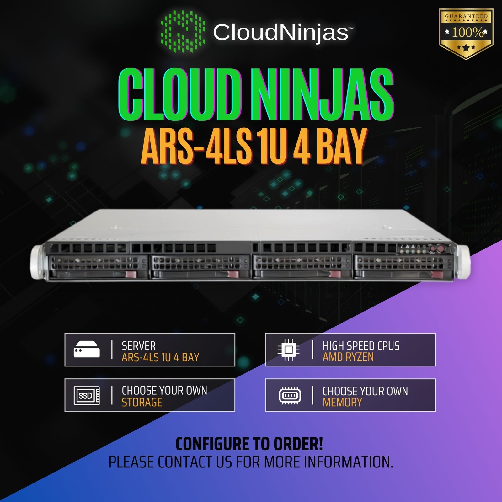 Cloud Ninjas ARS-4LS 1U 4 Bay Server AMD Ryzen 7 7700X 8 Core DDR5 ECC NVMe M.2