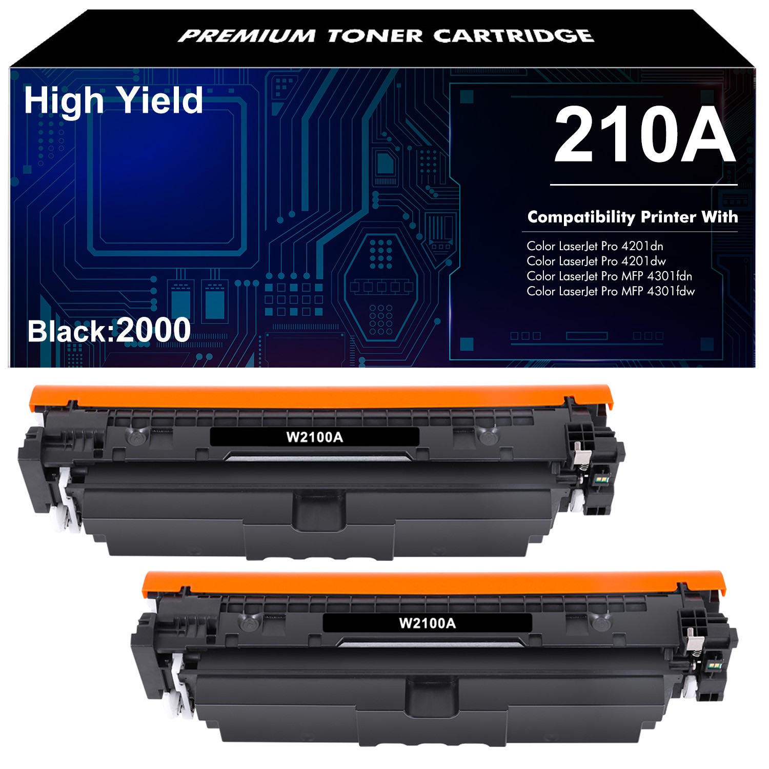 2PK Black Toner 210A W2100A Compatible with HP LaserJet 4201 MFP 4301fdn 4301fdw