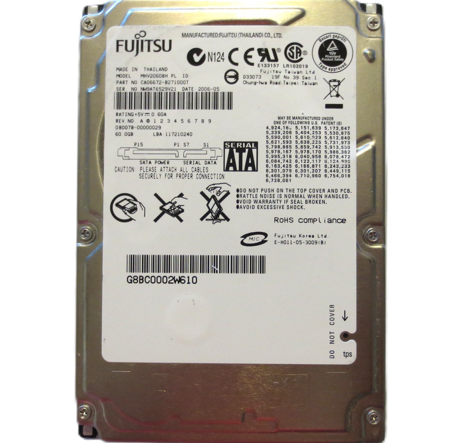 MHV2060BH PL CA06672-B271000T 0BDD7B-00000029 (NW9) Thailand 60gb Sata 2006-05