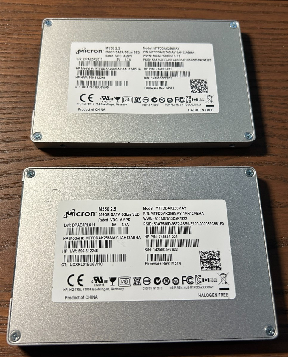 Lot of 2 Micron M550 256GB SATA SSD MTFDDAK256MAY-1AH12ABHA Tested
